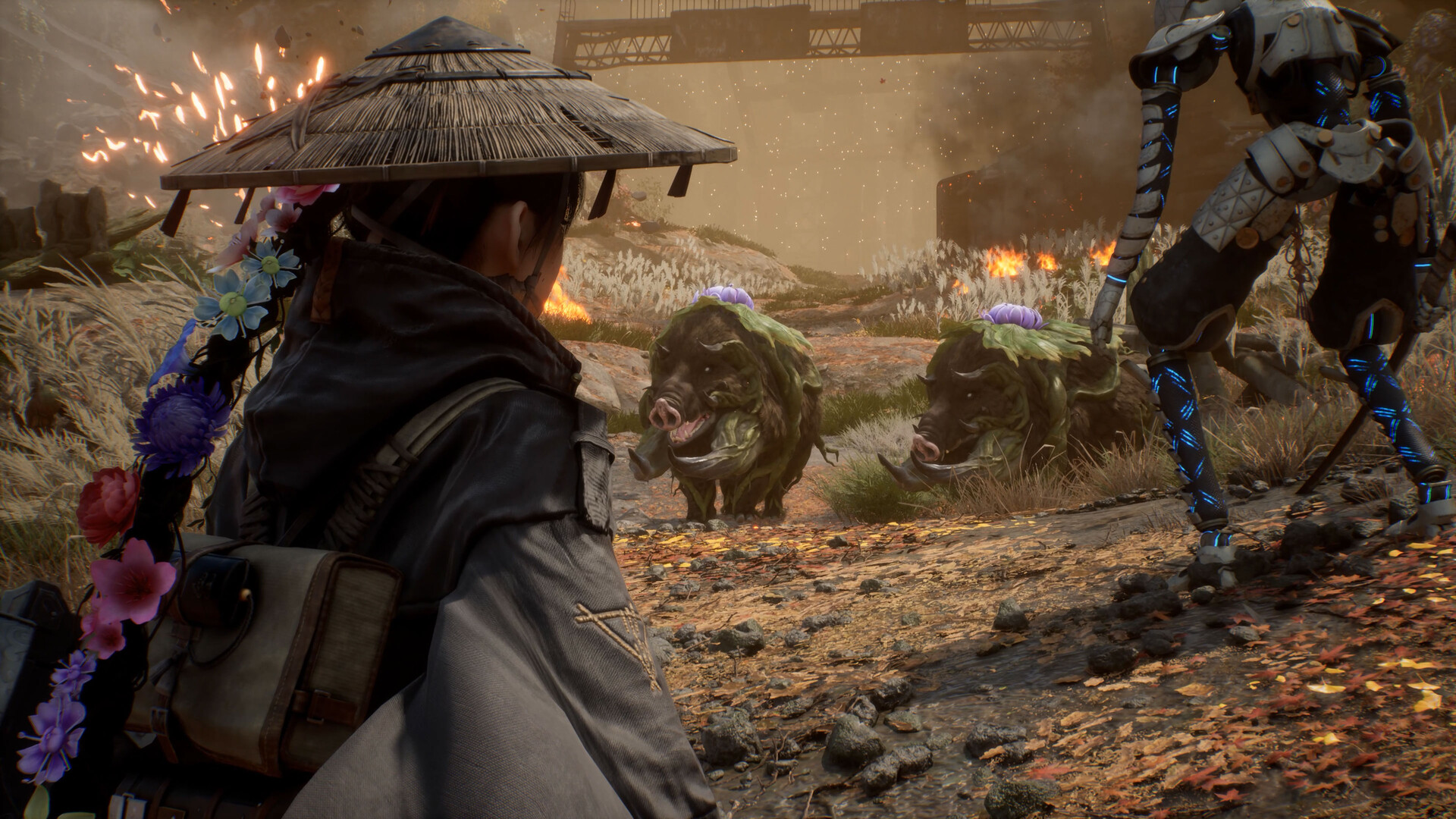 Emma fighting robotic Malefact enemies with spear — combat action shot showing smoke and impact effects