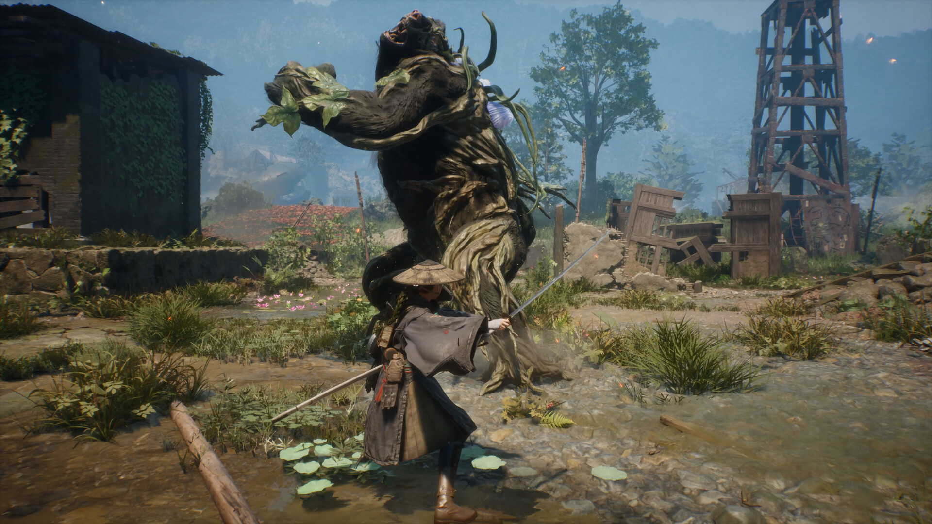 Emma fighting a massive Nushi boss in shallow water — plant-covered beast with vines and horns
