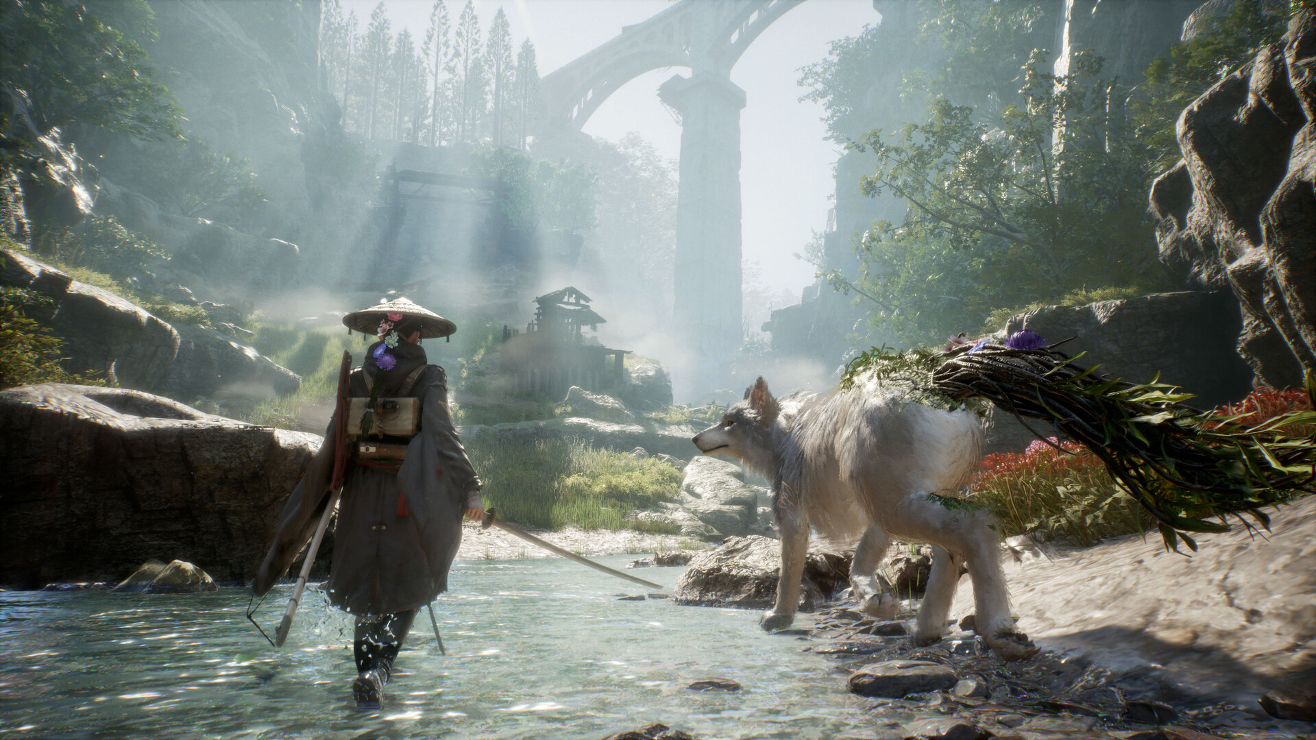 Emma and Koo wading through shallow water toward a distant village bridge
