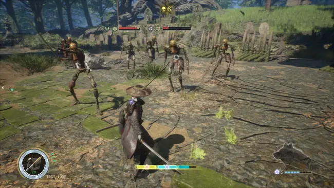 Beast of Reincarnation gameplay — Emma in combat with dual health bars, FP gauge and Entanglement gauge visible